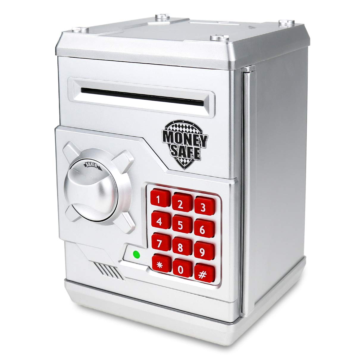 Yoego Kids Money Bank silver front view shows safe, durable ABS construction for kids.