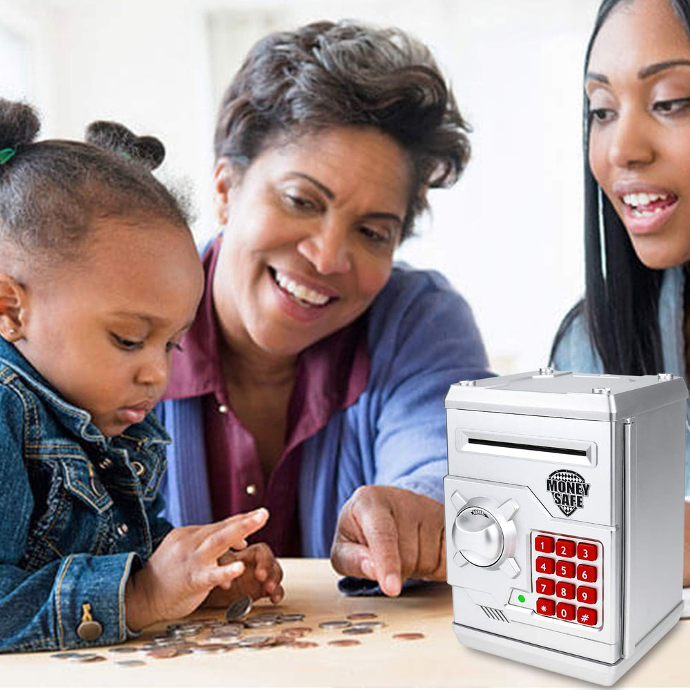 Yoego Kids Money Bank silver gift wrap included signals ready-to-gift packaging.