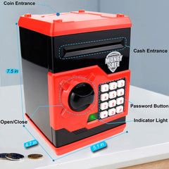 Yoego Kids Money Bank top view highlights sleek black red design and easy access.