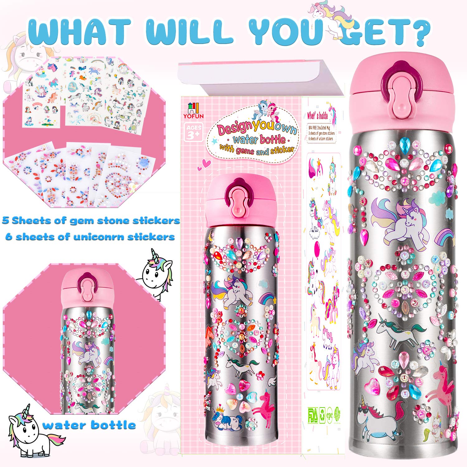 YOFUN peel-and-stick crafting action on a water bottle.
