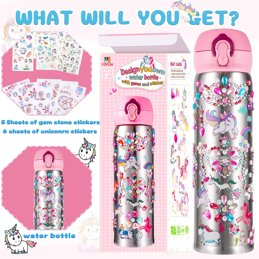 YOFUN peel-and-stick crafting action on a water bottle.