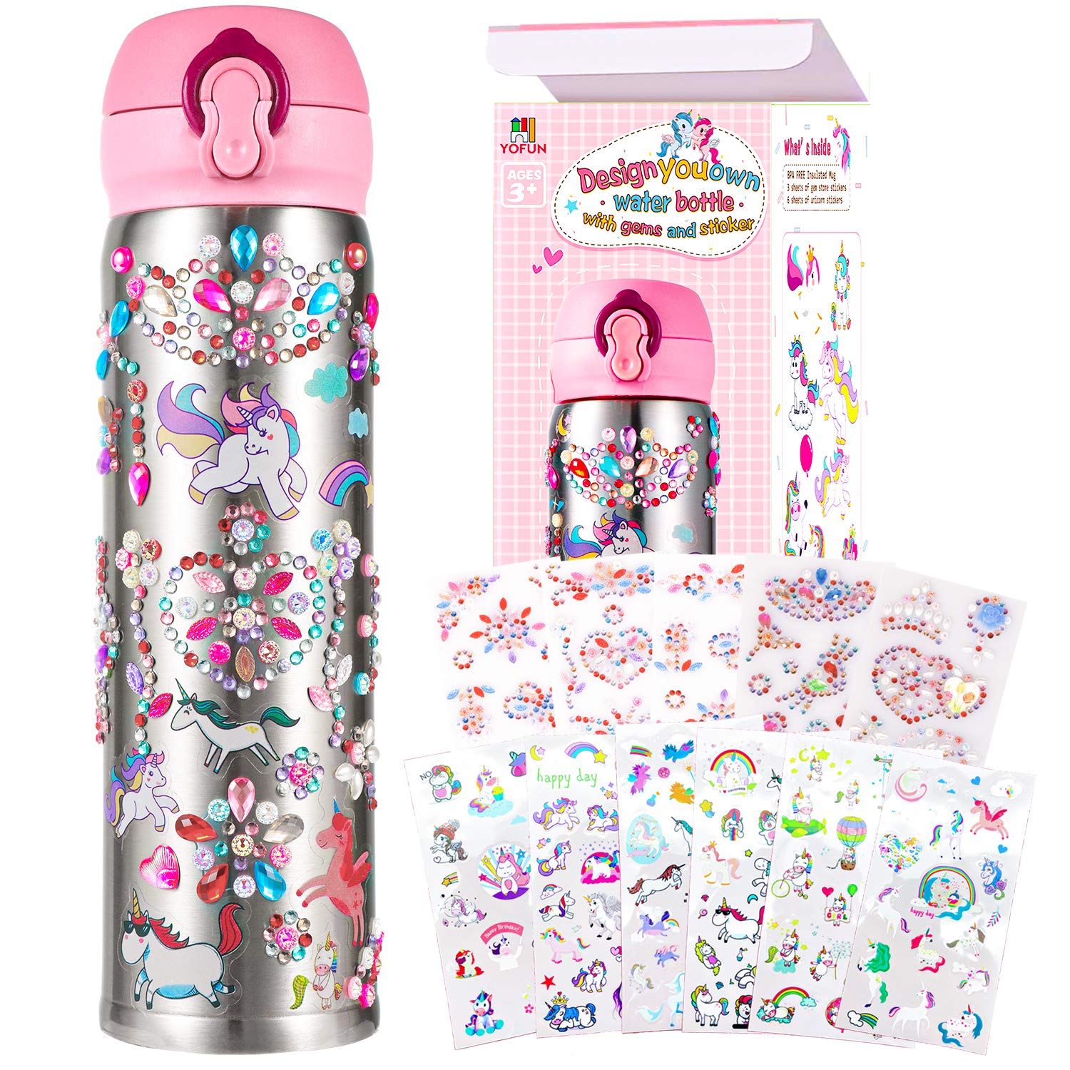 YOFUN unicorn stickers and glitter gems for bottle decorating and creative play.