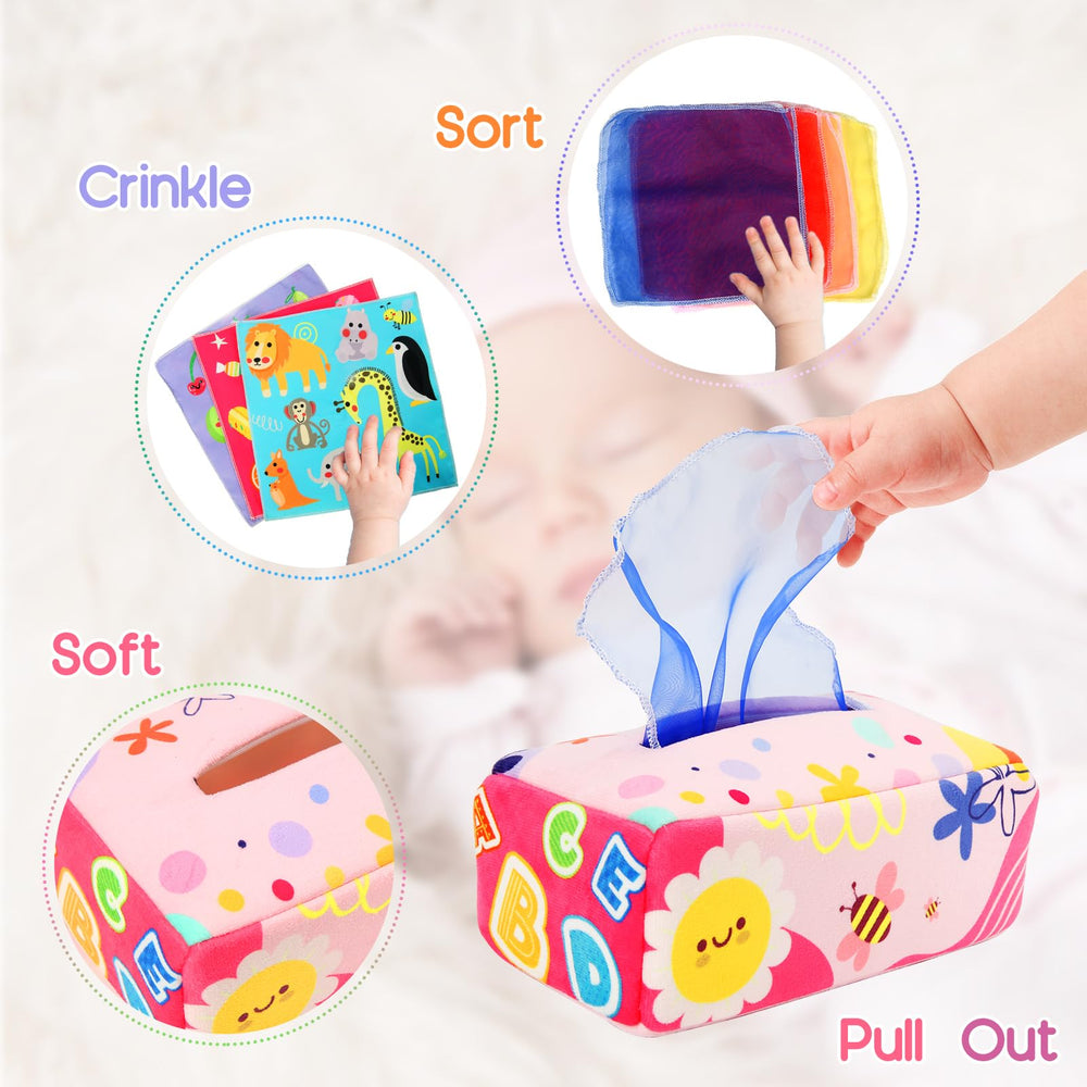 YOGINGO baby tissue box crinkle papers highlight tactile and auditory stimulation for curious infants