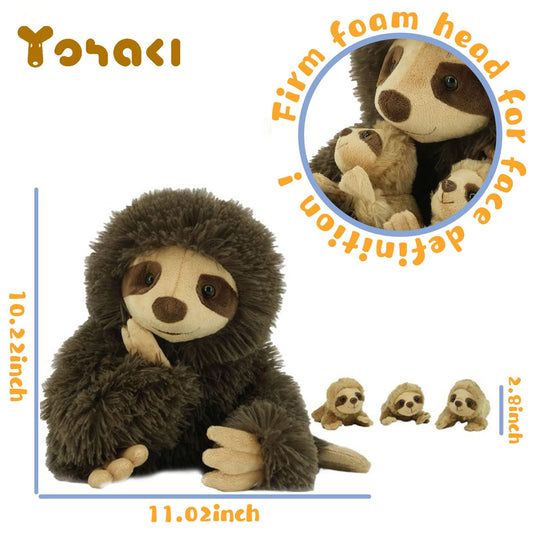YOHAKI Sloth plush mum with three babies zipped in back for play