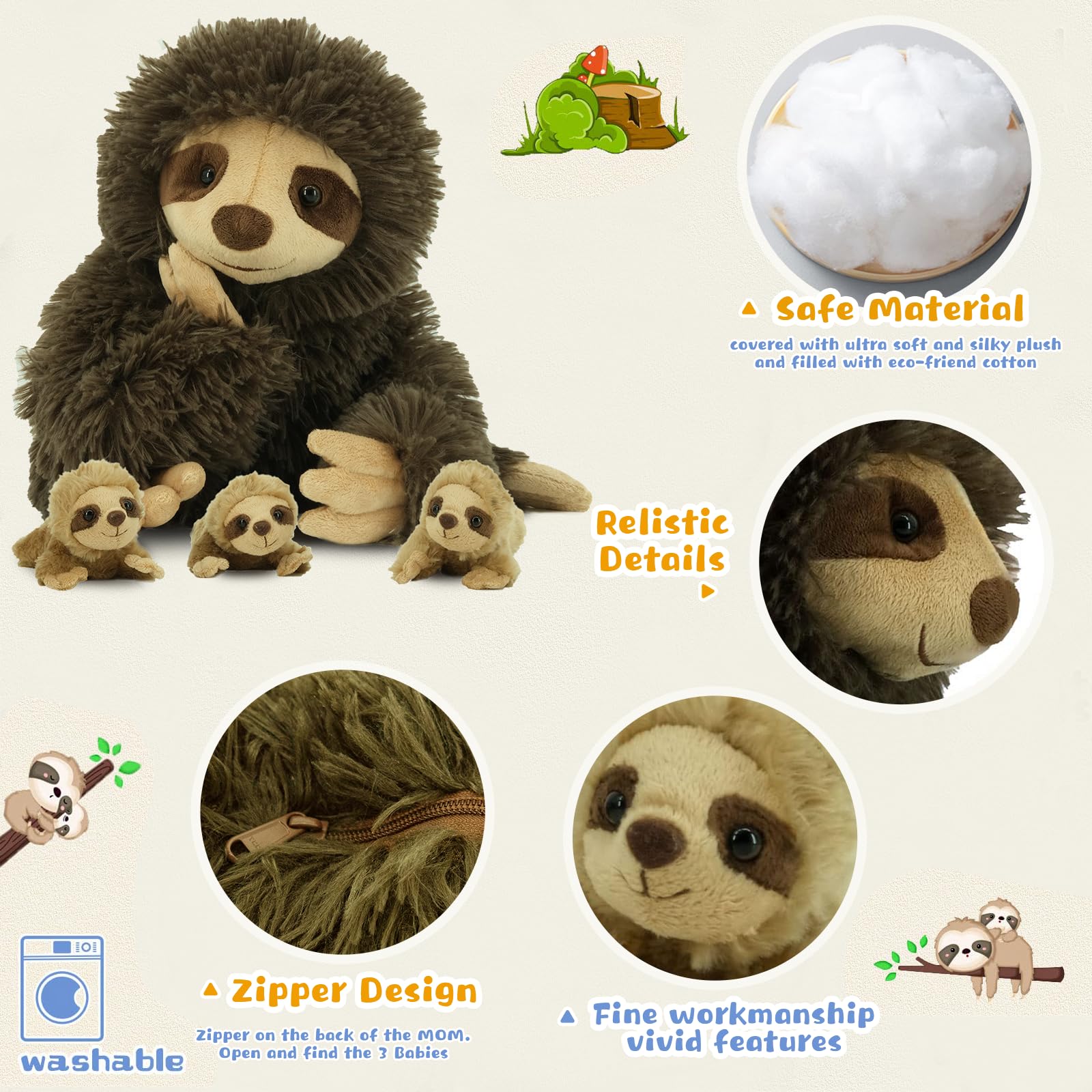 Close-up of YOHAKI Sloth plush fur texture and softness