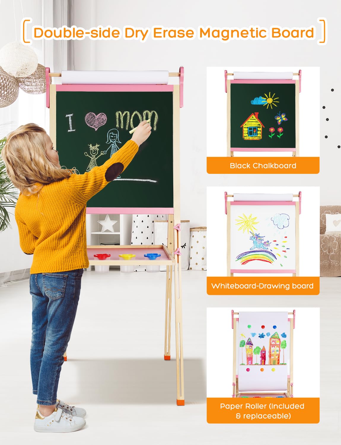 YOHOOLYO Kids Easel double-sided magnetic board encourages mess-free art.