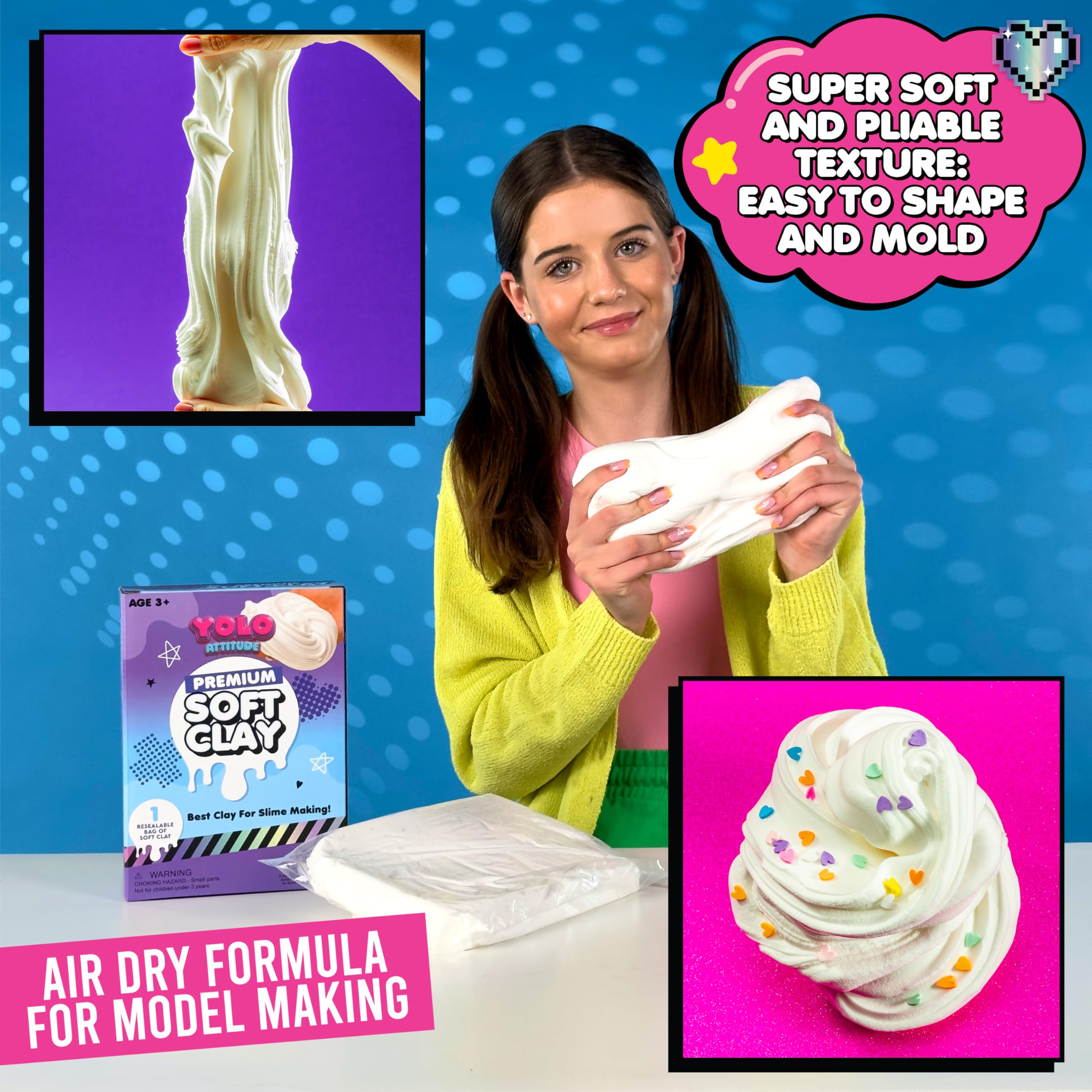 YOLO Attitude Ultimate Slime Fun white foam clay for instant workable texture.