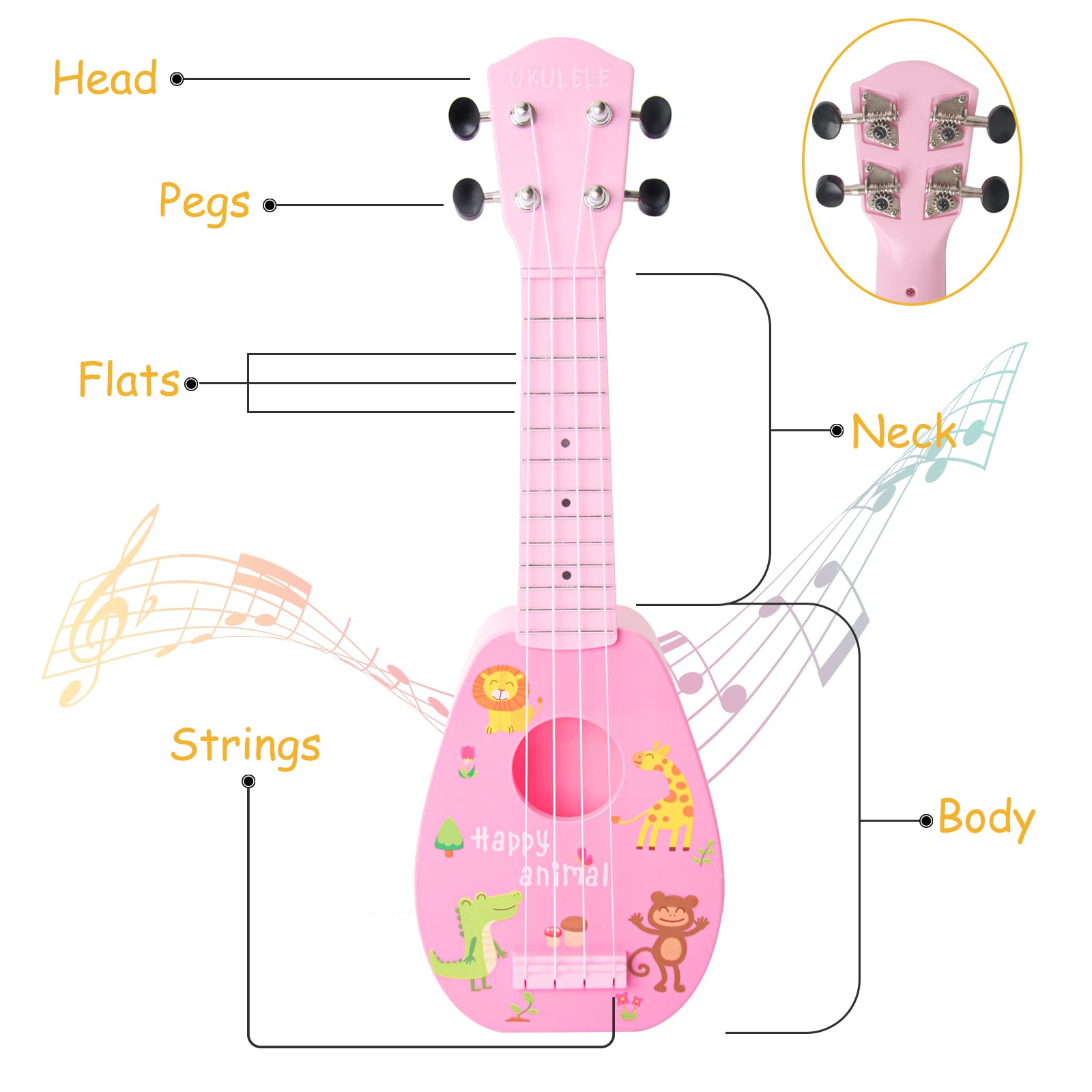 YOLOPARK 17in pink tuning keys close-up, easy tuning for kids.