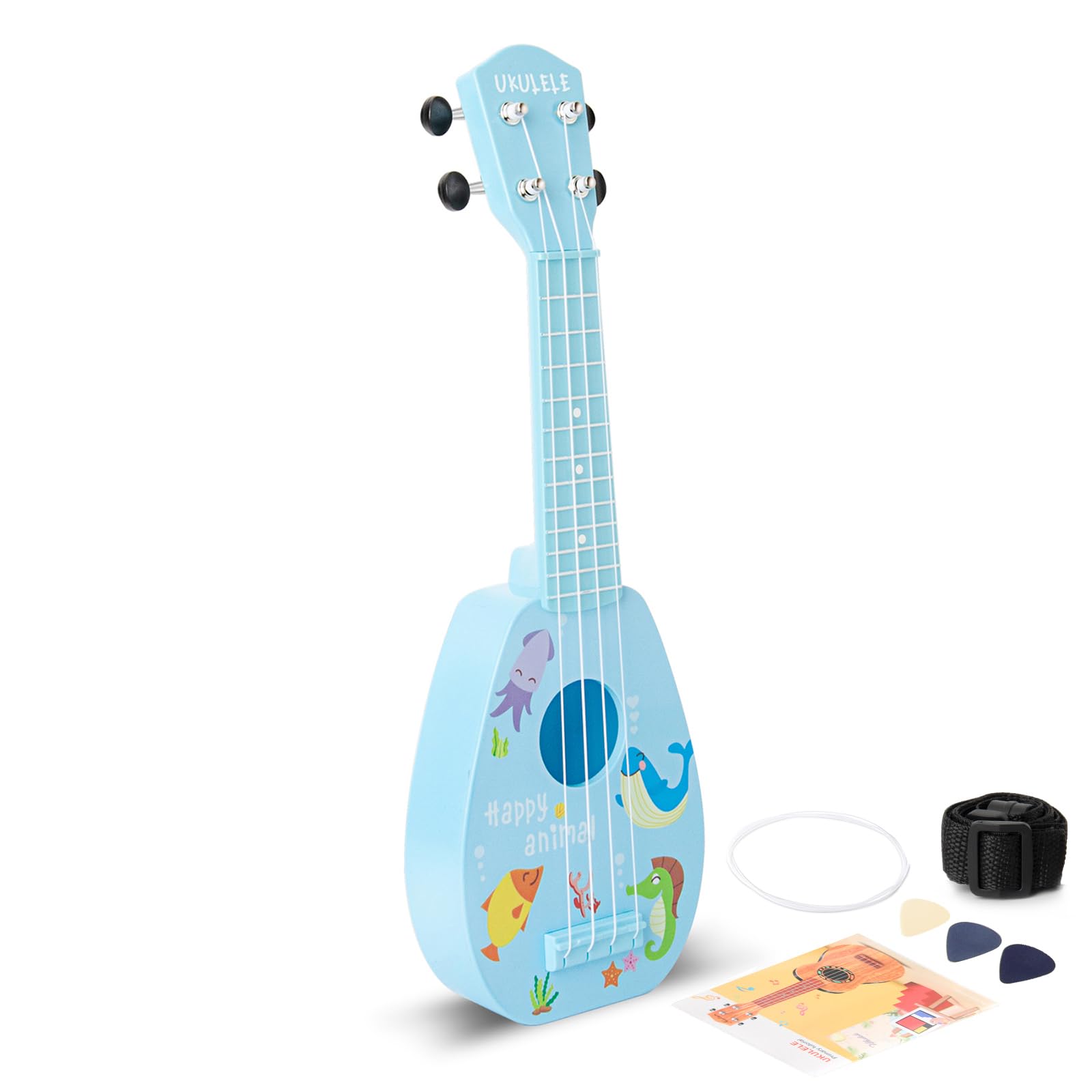 YOLOPARK 17-inch kids guitar front view in blue for easy beginner play.