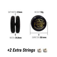 Yomega Fireball YoYo black and gold finish featured in bold product shot.