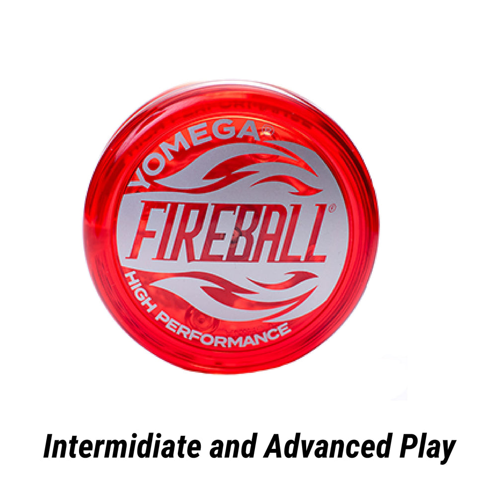 Yomega Fireball yo-yo red transaxle close-up highlighting long spins.