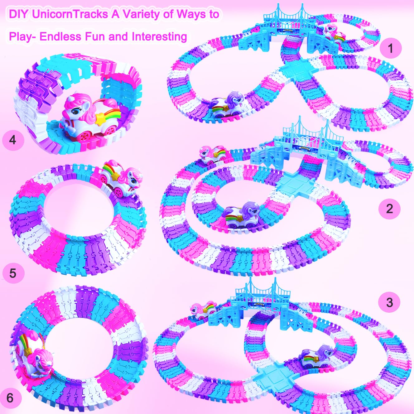 Yomwet colorful track pieces in pink purple green and white for creative design