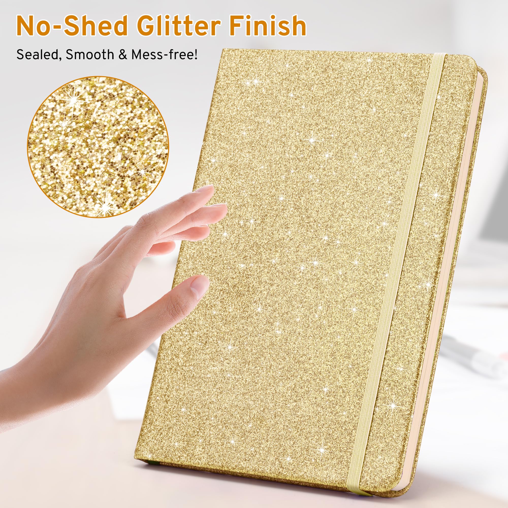 Yonavita Gold Glitter Notebook 80gsm pages prevent bleed-through with most pens.