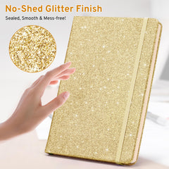 Yonavita Gold Glitter Notebook 80gsm pages prevent bleed-through with most pens.