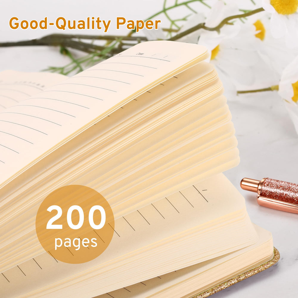 Yonavita Gold Glitter Notebook features an elastic band and a ribbon bookmark for organization.