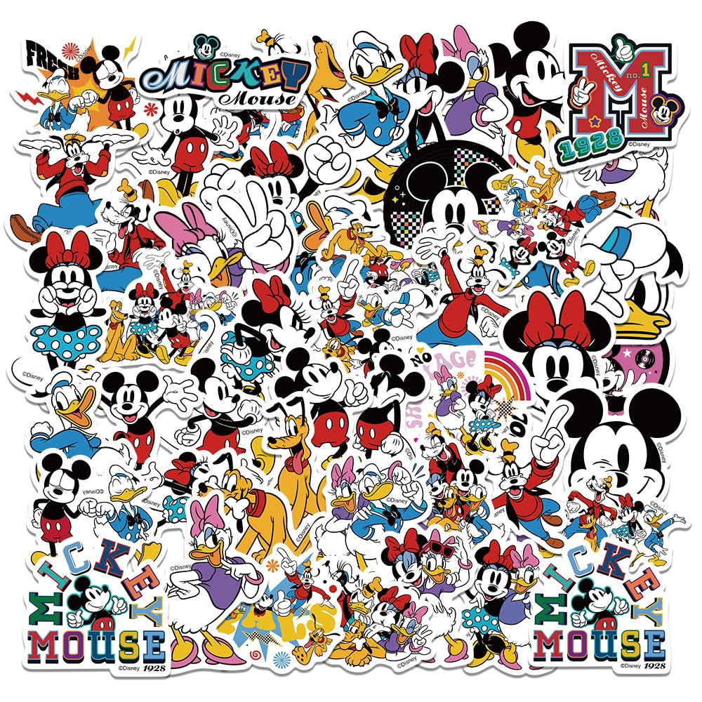 YONGAI 50pc Mickey Mouse stickers pack on colorful laptop, durable and waterproof