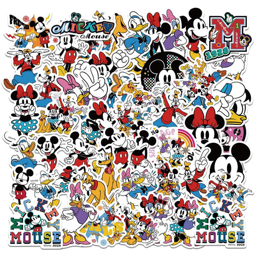 YONGAI 50pc Mickey Mouse stickers pack on colorful laptop, durable and waterproof