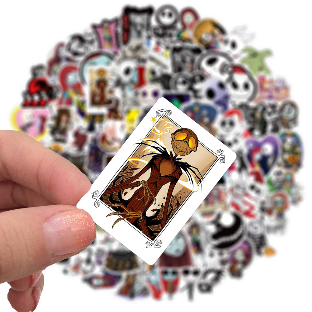 YONGAI skateboard decals show bold Nightmare Before Christmas designs for outdoor use.