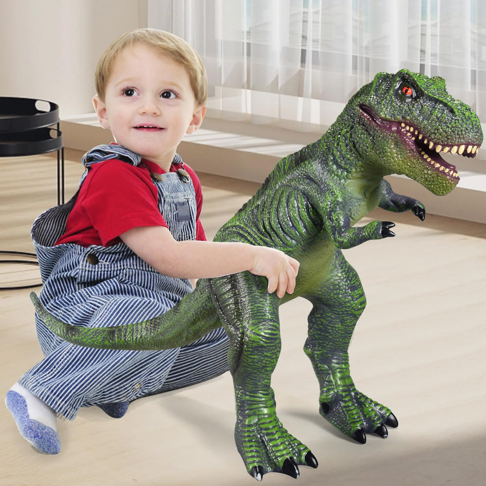 Child playing with YONGJULE dinosaur in a playroom encouraging imaginative play.