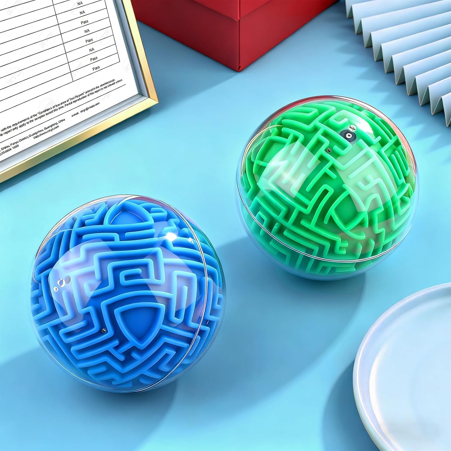 YongnKids Amaze 3D maze ball blue in hand, portable brain teaser for on-the-go play.