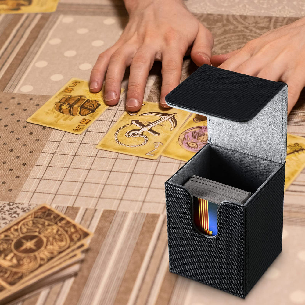 Yookeer compact deck box fits 100 double-sleeve cards for convenient storage.