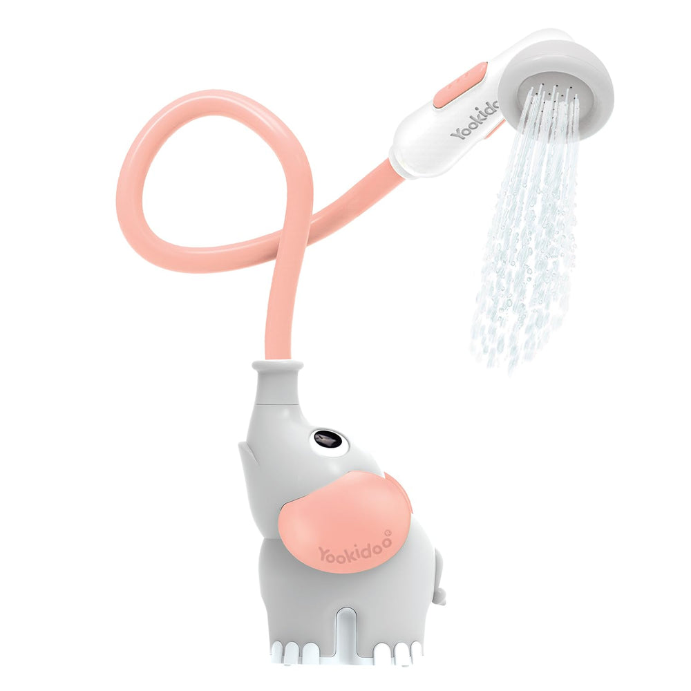 Yookidoo Elephant bath shower head pink in action for gentle newborn rinsing