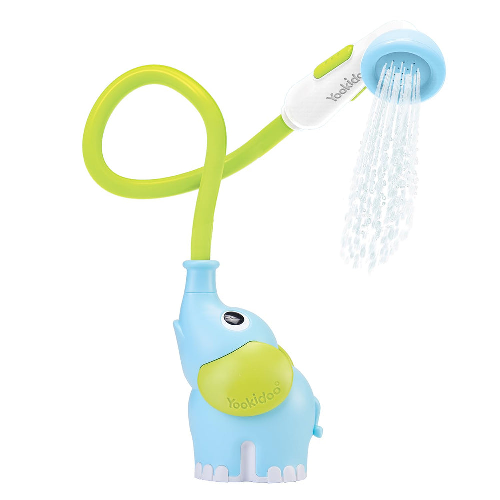 Yookidoo Elephant bath shower head in action for gentle newborn baths.