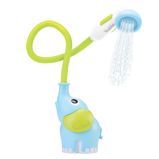 Yookidoo Elephant bath shower head in action for gentle newborn baths.