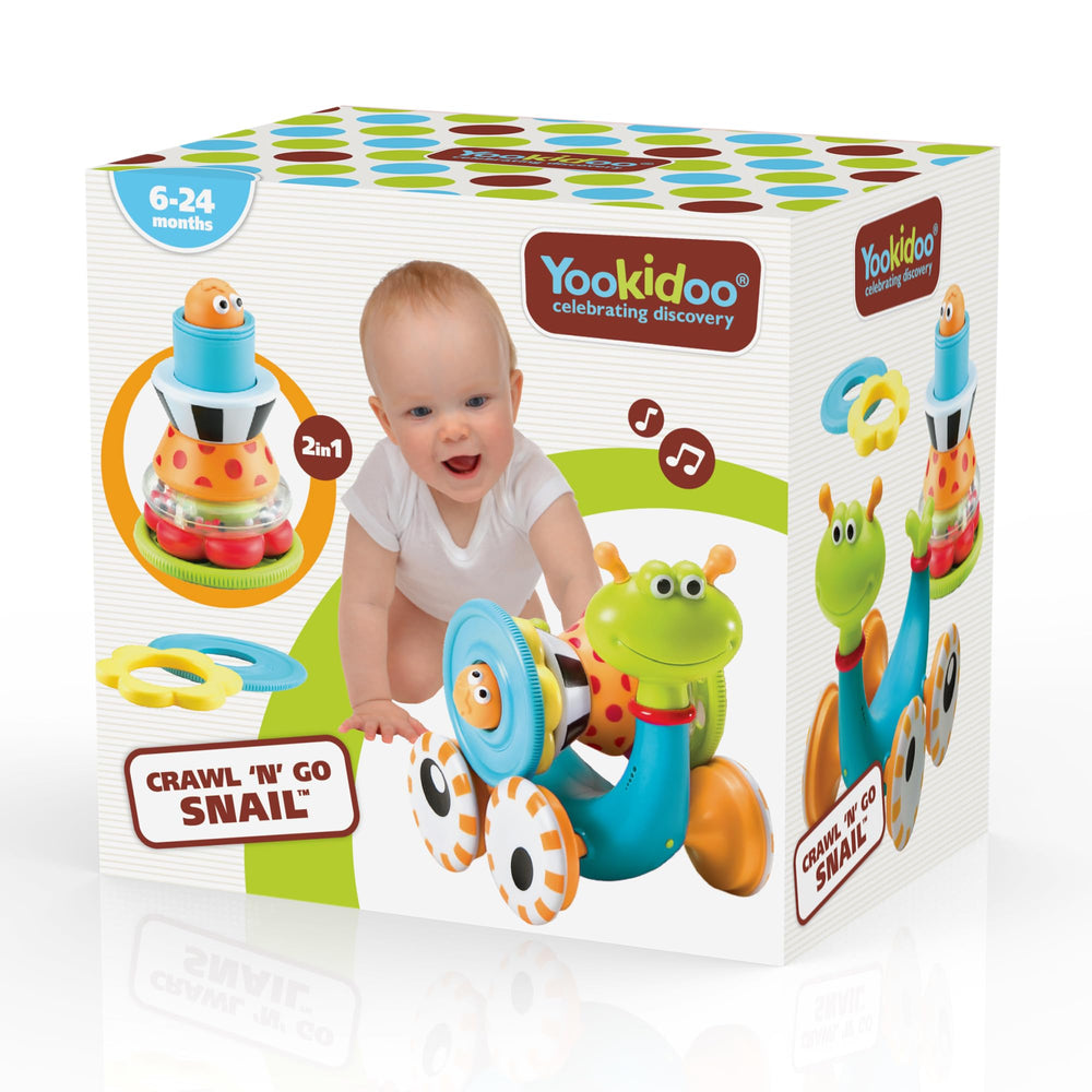 Yookidoo snail is a versatile toy supporting movement play during early exploration.