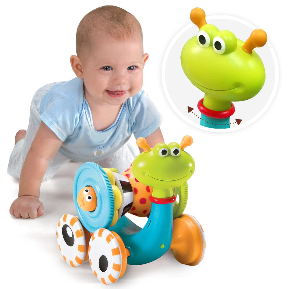 Yookidoo snail head-turn interaction captures attention and invites reaching, crawling, and hand-eye coordination.