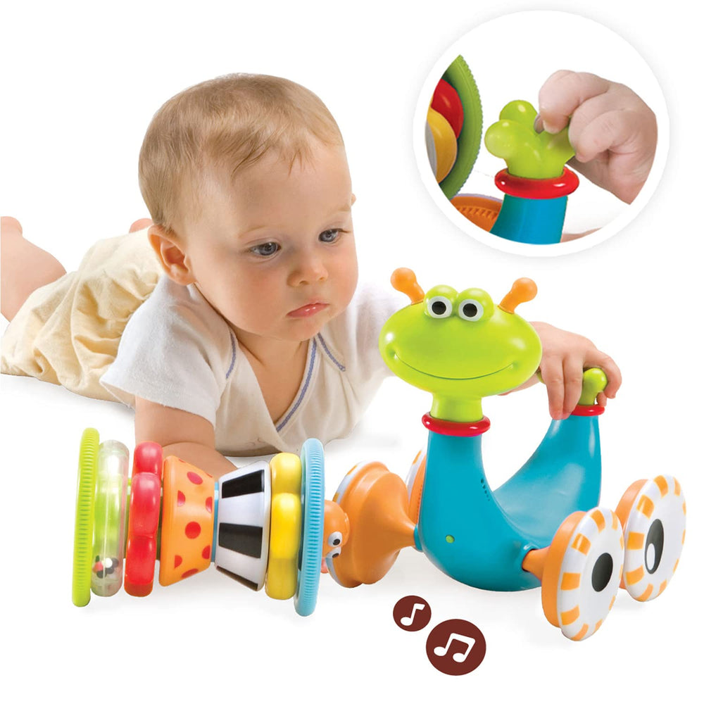 Yookidoo snail ring stack highlights stacking rings to boost fine motor skills and problem-solving.