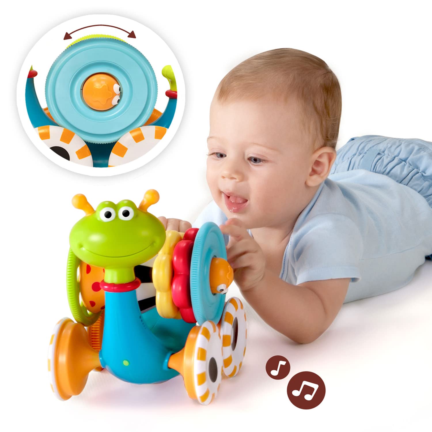 Yookidoo snail rolling distance of 6.5 feet challenges baby to chase and react.