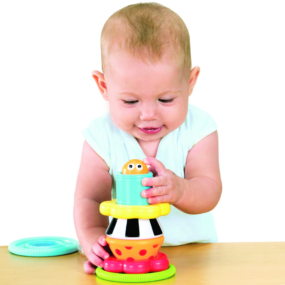 Yookidoo snail shell spin demonstrates the two-in-one play as the shell rotates while baby watches.