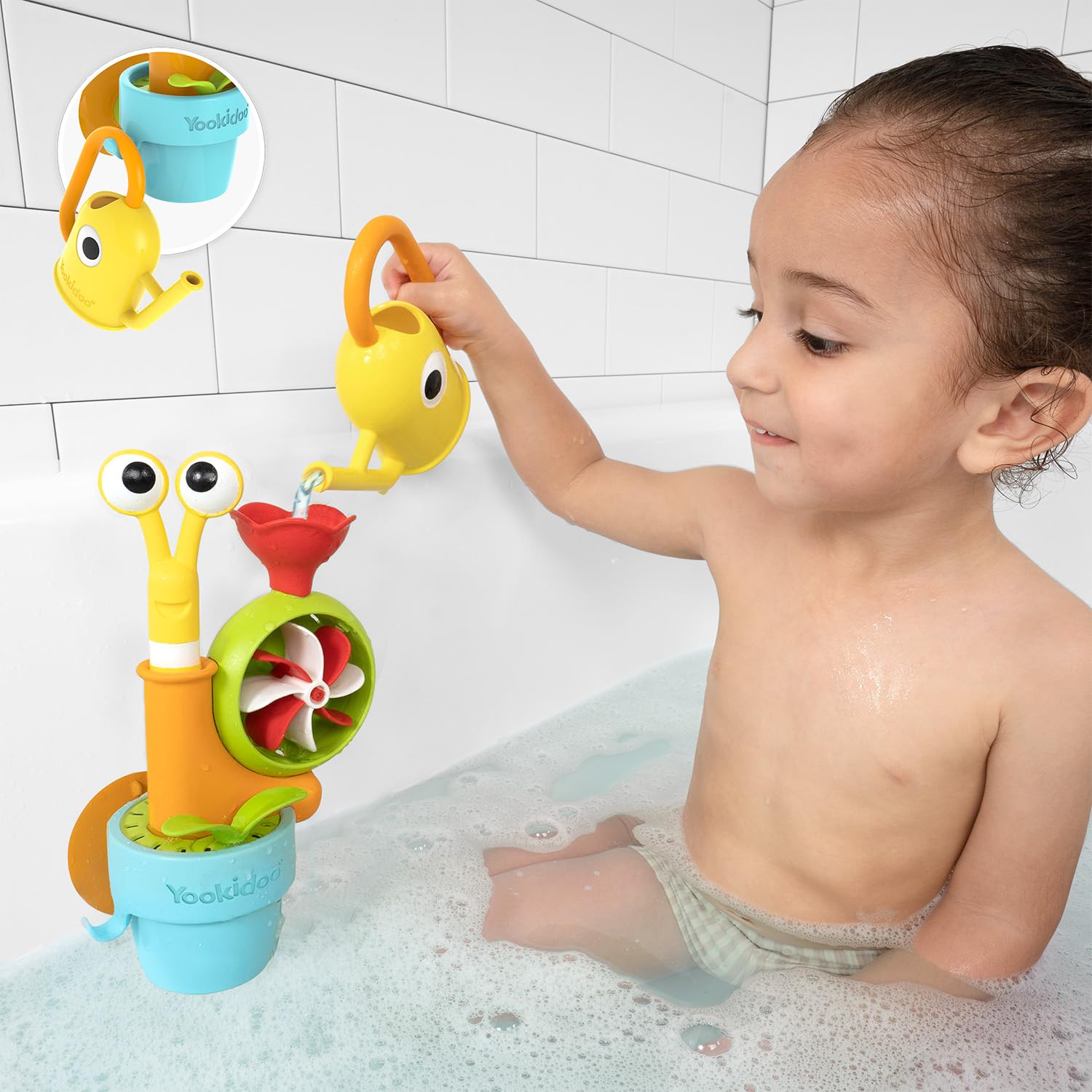 Yookidoo snail sprinkler demonstrates cause-and-effect water play