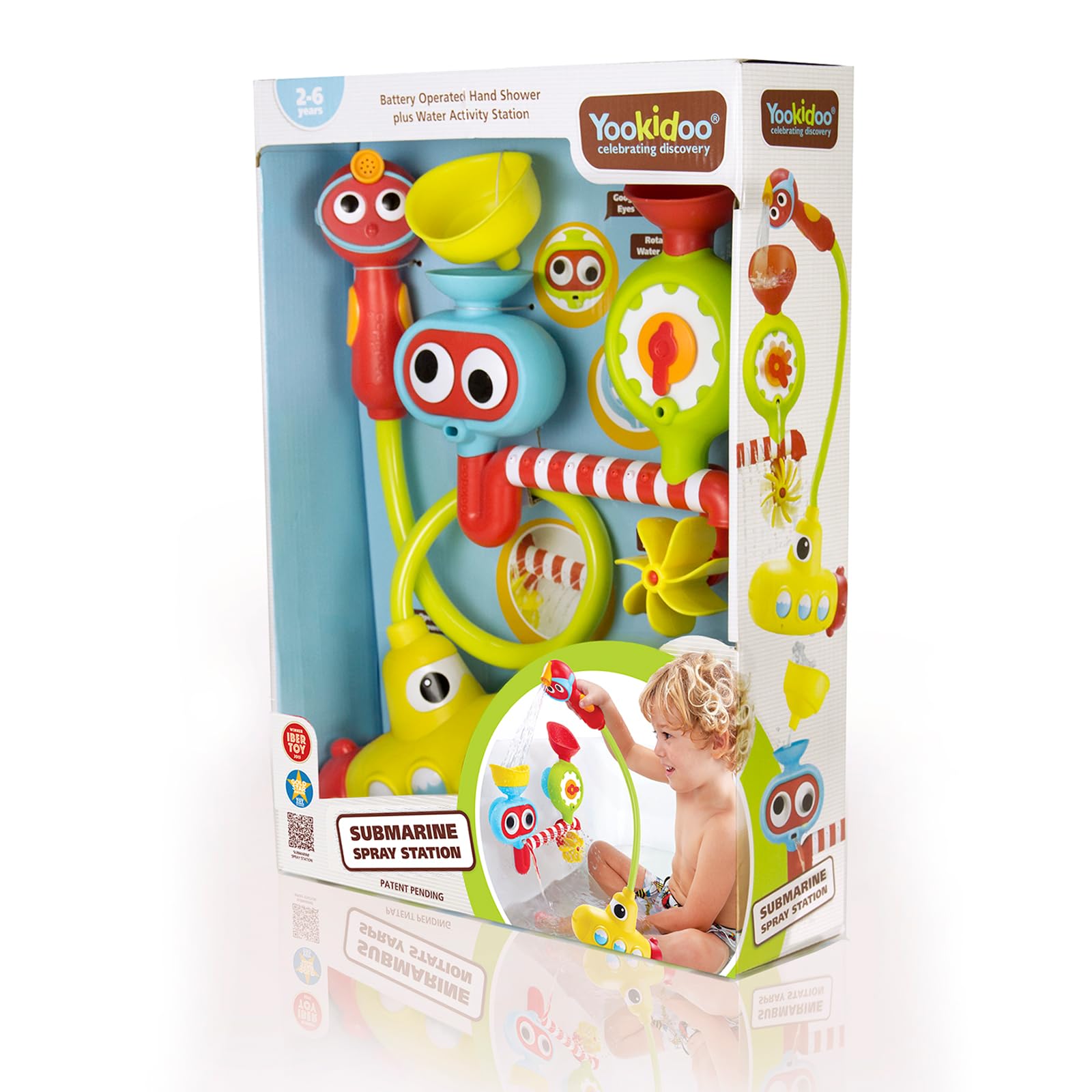 Yookidoo Submarine Spray Station eco-friendly pump encourages independent bath exploration and play.