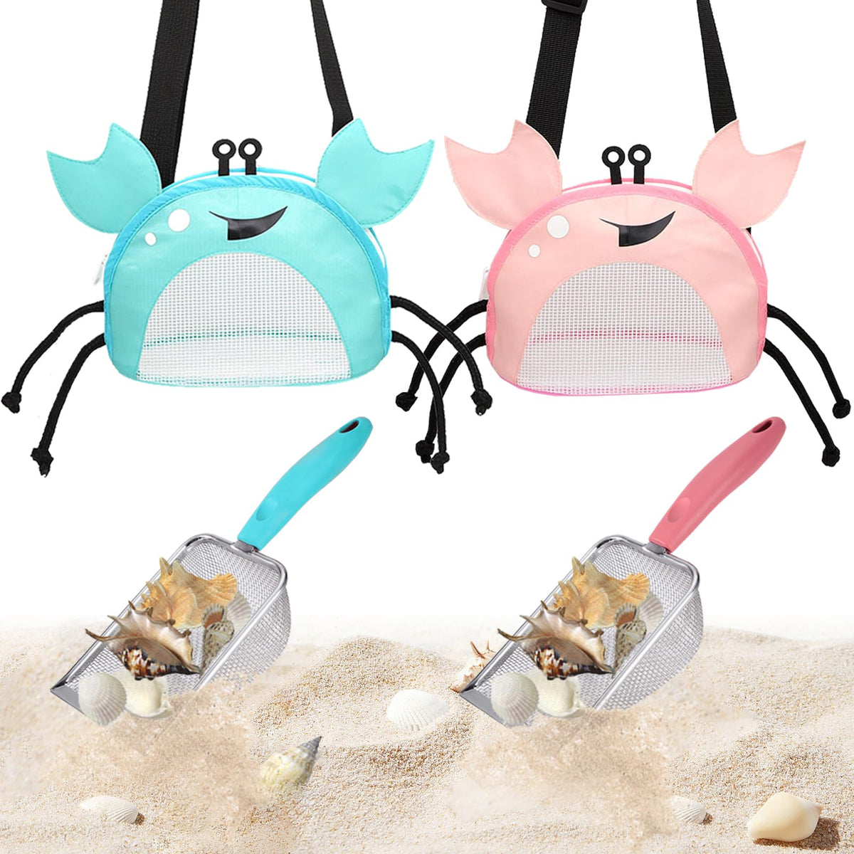 YOOLEETC blue crab mesh bag for secure seashell collection on the beach