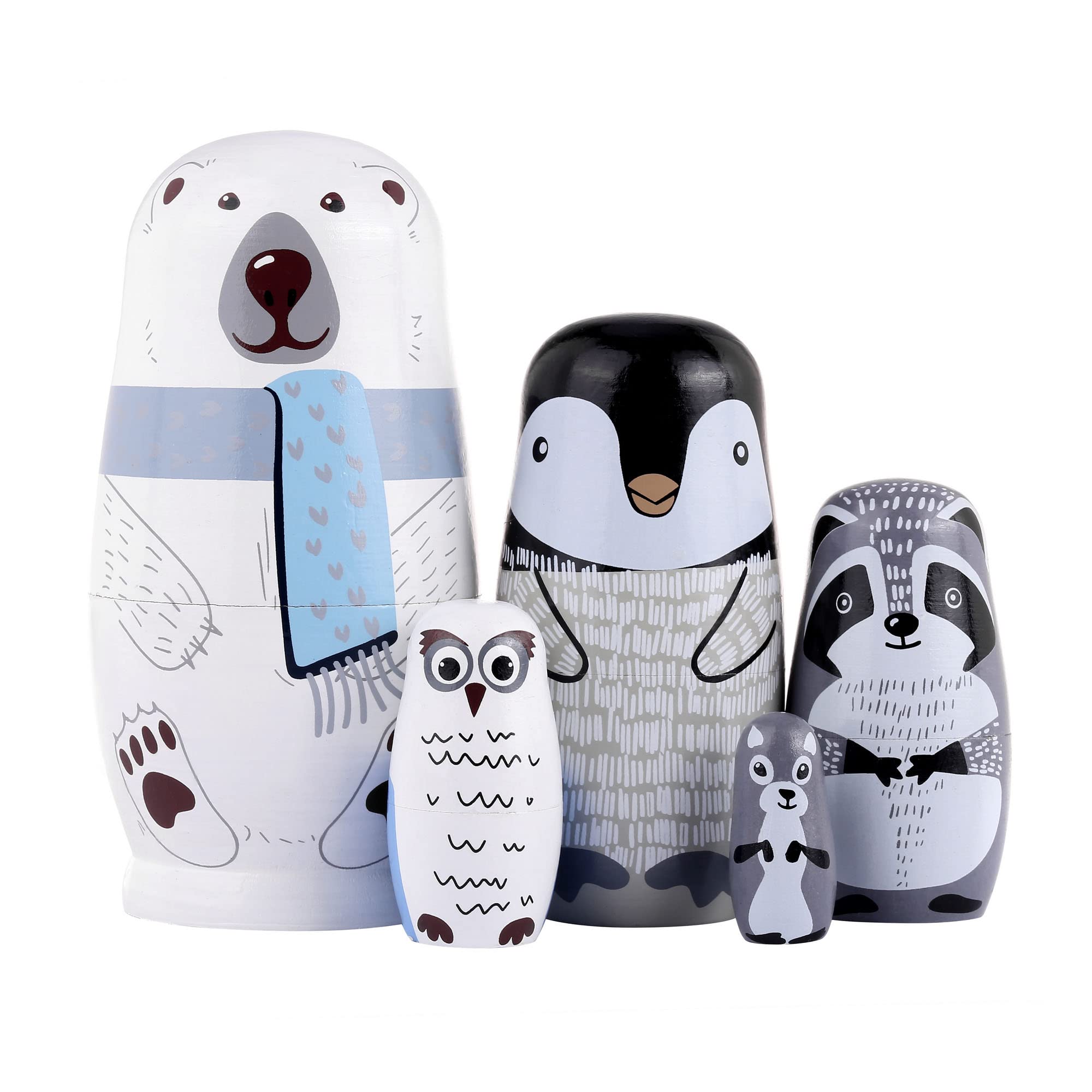 Yoption polar bear nesting doll, handcrafted wood, bright display and storage option.