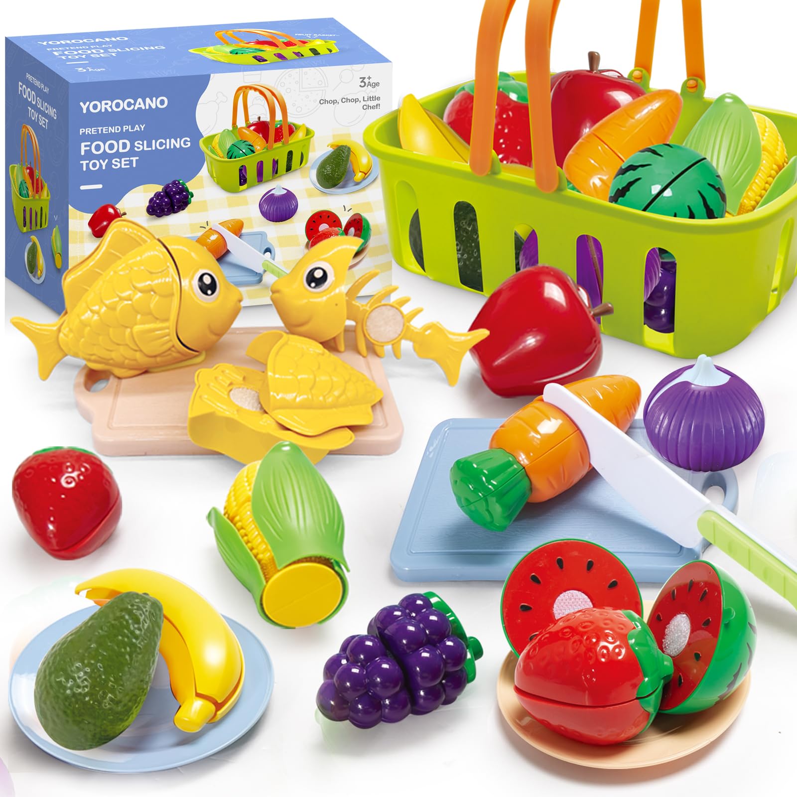 YOROCANO 38pc front view with colorful pretend foods for toddlers' roleplay