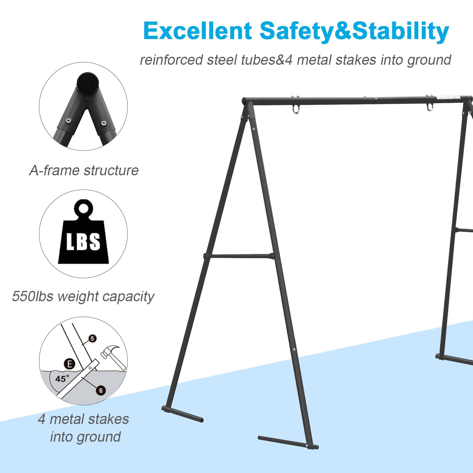 Yorovent heavy-duty swing frame with ground stakes for stable setup.