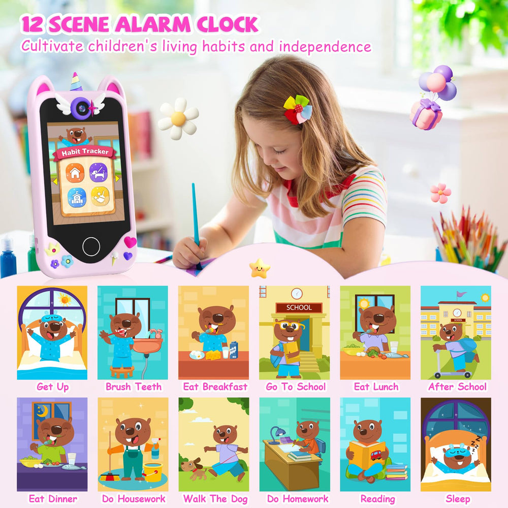 Yosfeng kids smart phone showing 20 photo stickers for personalization.