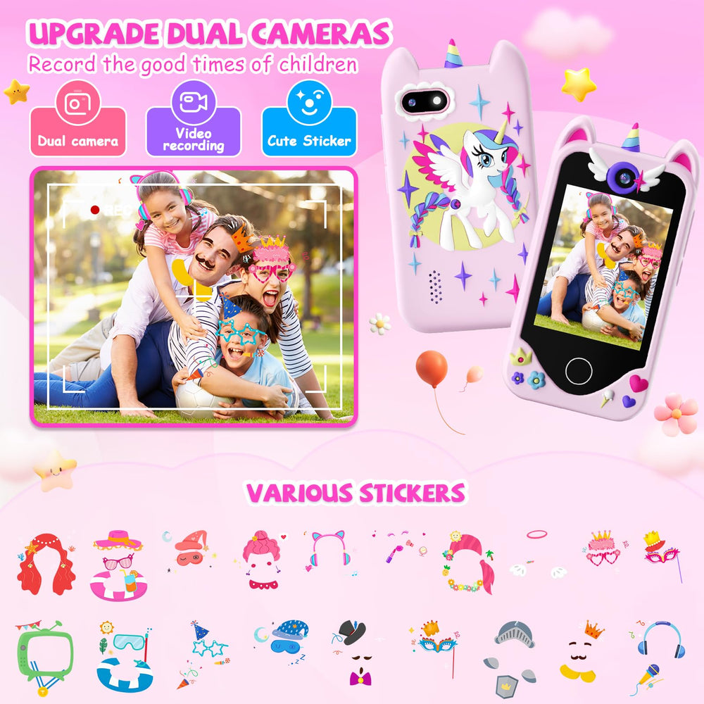 Yosfeng kids smart phone with 32GB storage for music and games.