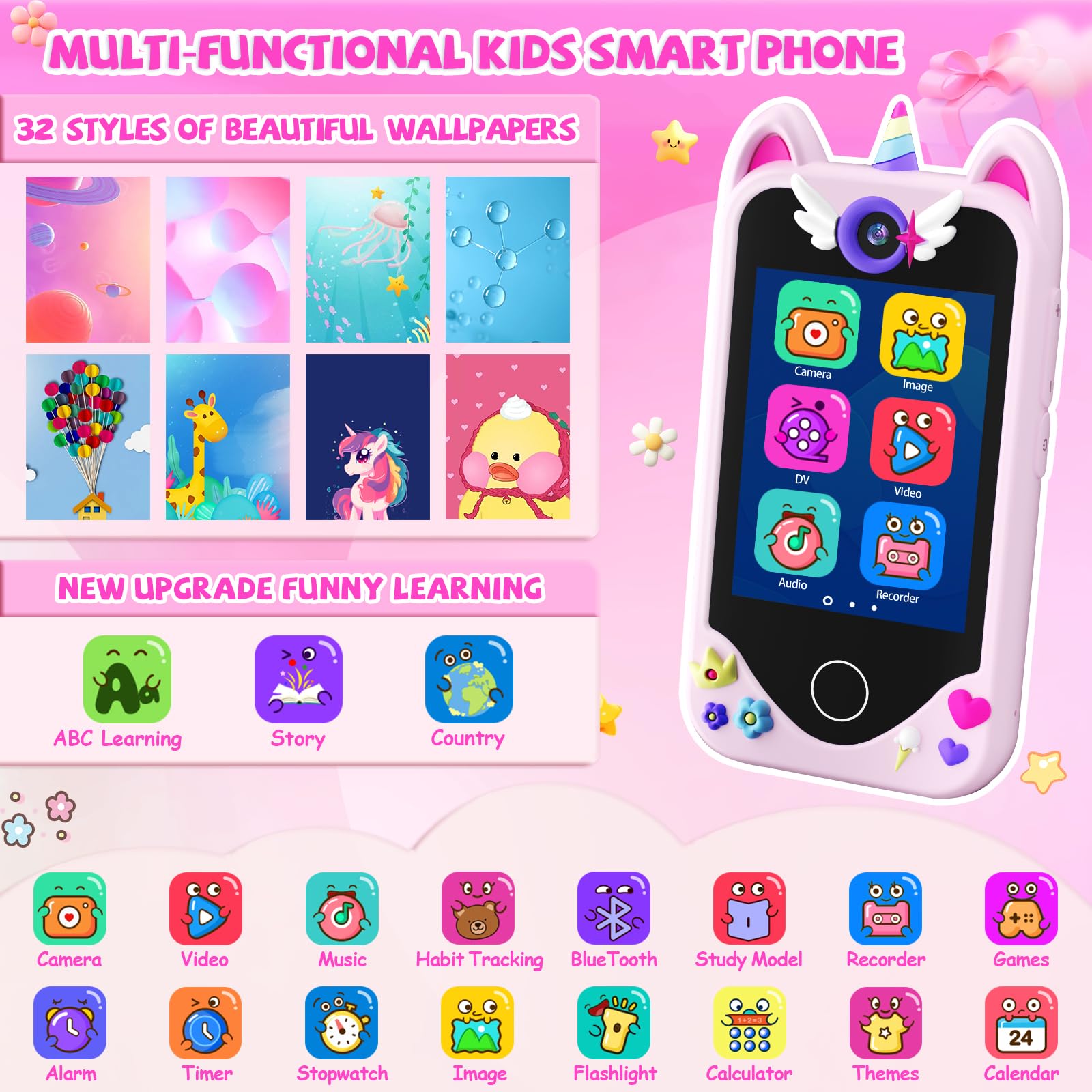 Yosfeng kids smart phone highlighting ABC learning features.