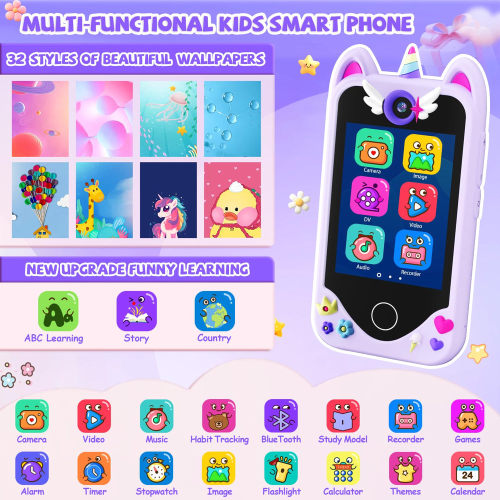 Yosfeng kids smart phone back view showing unicorn case and durability