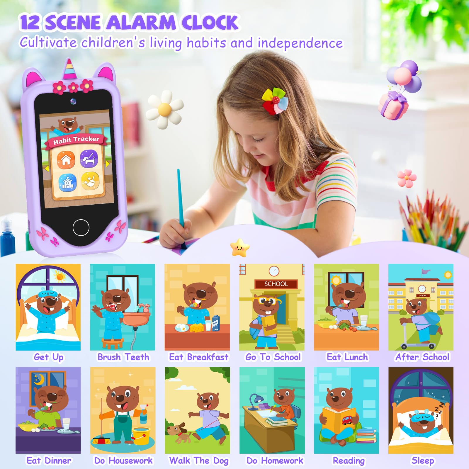 Yosfeng toy phone showing dual cameras for capturing memories and creativity