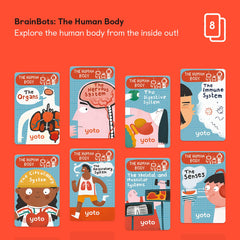 Yoto BrainBots characters Nellie, Buzz, Gibbs engage kids with friendly storytelling.