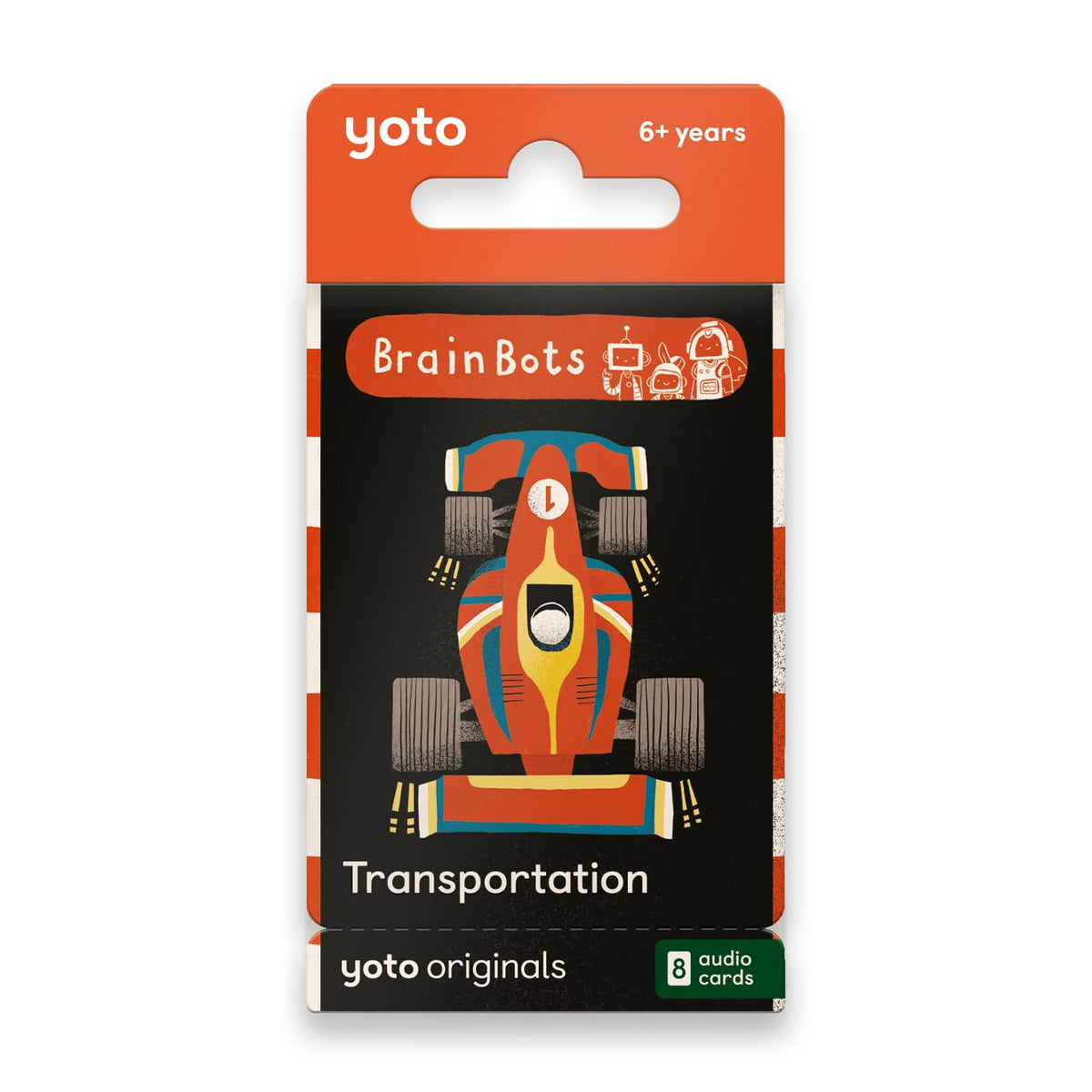 YOTO BrainBots Transportation card pack enables screen-free travel listening for kids.