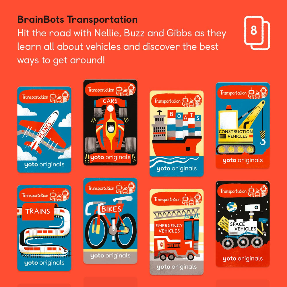 YOTO BrainBots Transportation image with Nellie, Buzz and Gibbs invites vehicle-themed stories.