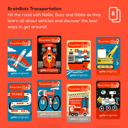 YOTO BrainBots Transportation image with Nellie, Buzz and Gibbs invites vehicle-themed stories.