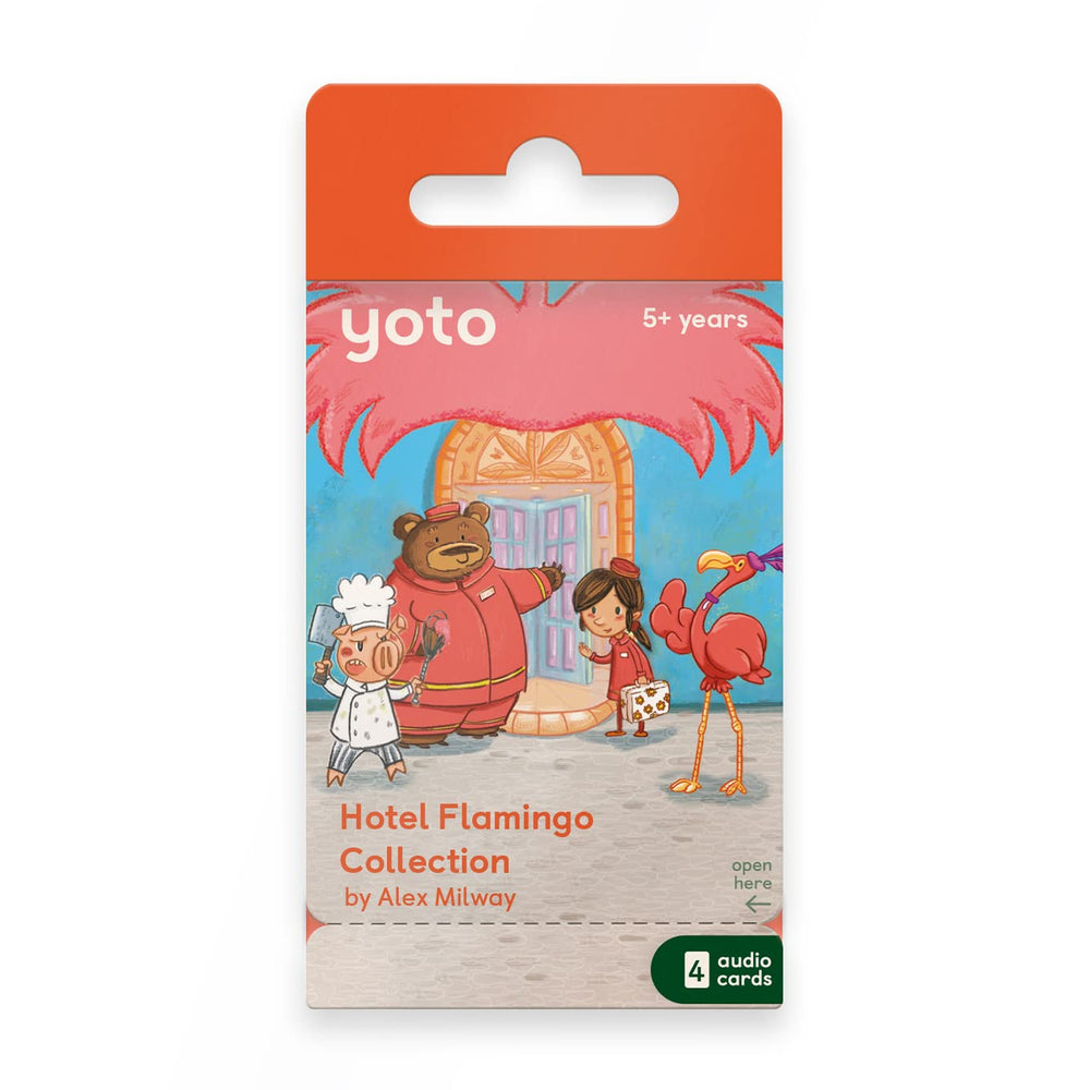 YOTO Hotel Flamingo collection pack with four kid-friendly audio cards for screen-free storytelling.