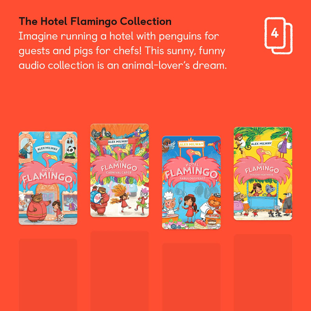 YOTO Hotel Flamingo visuals featuring penguin guests inviting imaginative listening.